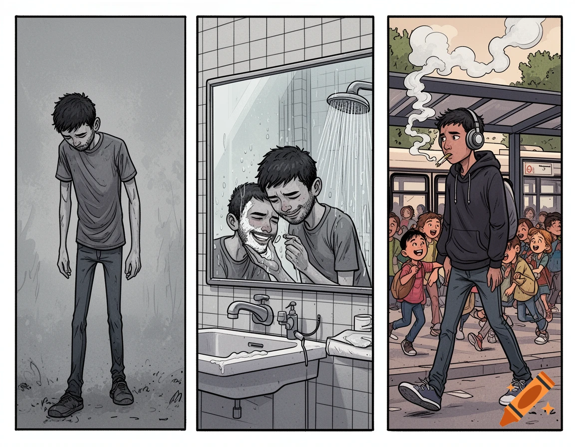 A three-panel comic. Panel 1: A sad young man with long limbs stands with his head down. Panel 2: The man shaves in a bathroom mirror, his reflection smiling but eyes empty. Panel 3: The man walks, smoking a joint, past a bus stop with cheerful children.