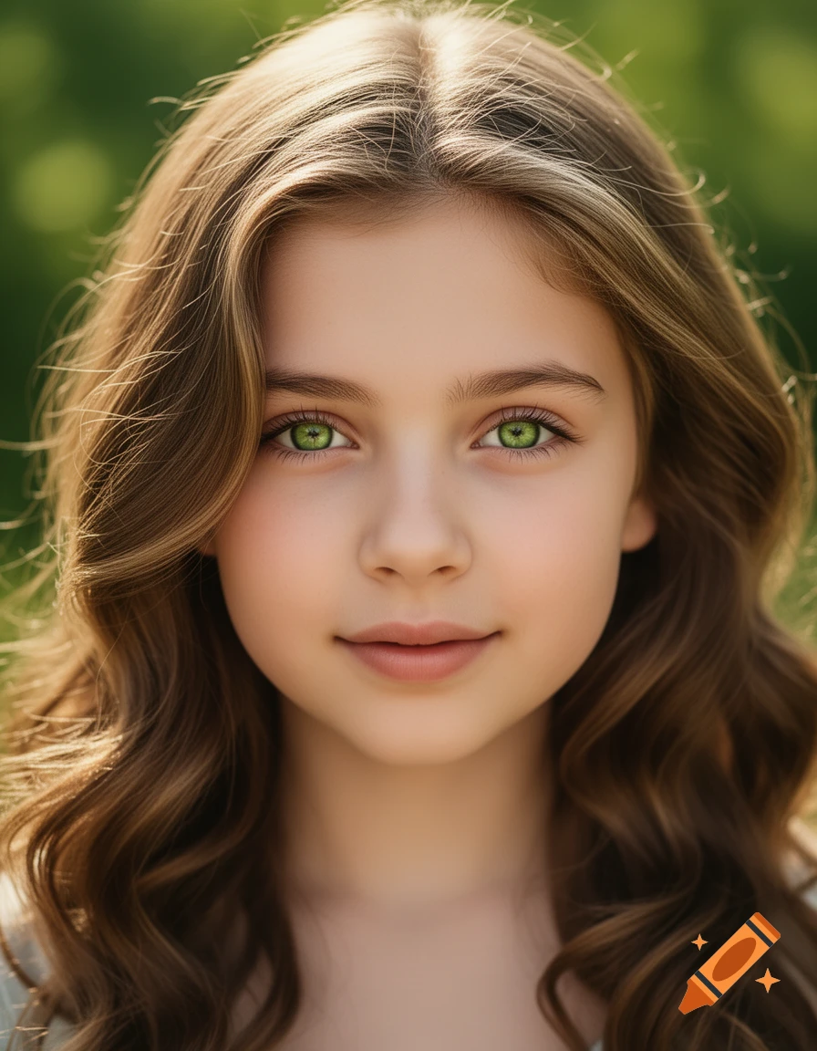 Photorealistic close-up portrait of a young girl with long brown wavy hair, bright green eyes, and a subtle smile against a blurred green background.