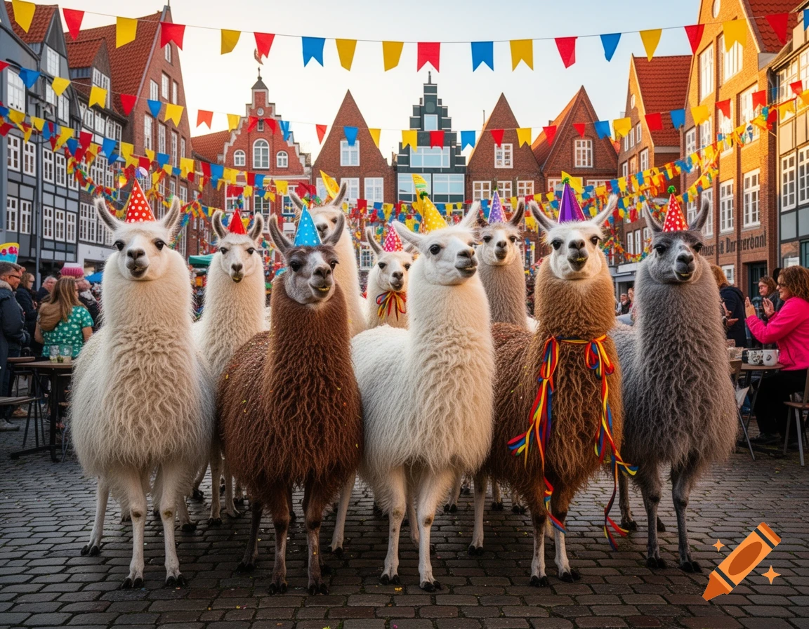 A group of seven llamas in colorful party hats and ribbons stand on a cobblestone street in a festive European town with banner flags overhead, photorealistic.