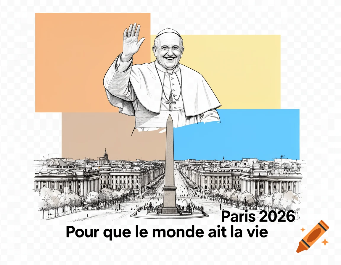Stylized black ink sketch of Pope Francis waving above the Place de la Concorde, with color blocks and text 'Paris 2026' and 'Pour que le monde ait la vie'.