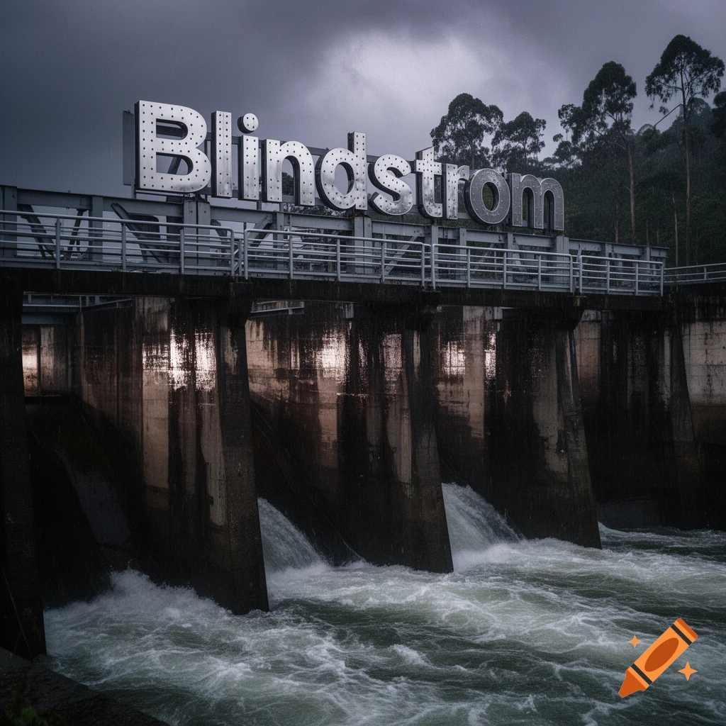 Photorealistic image of a concrete dam with 'Blindstrom' sign, water gushing from gates under a dark, cloudy sky.