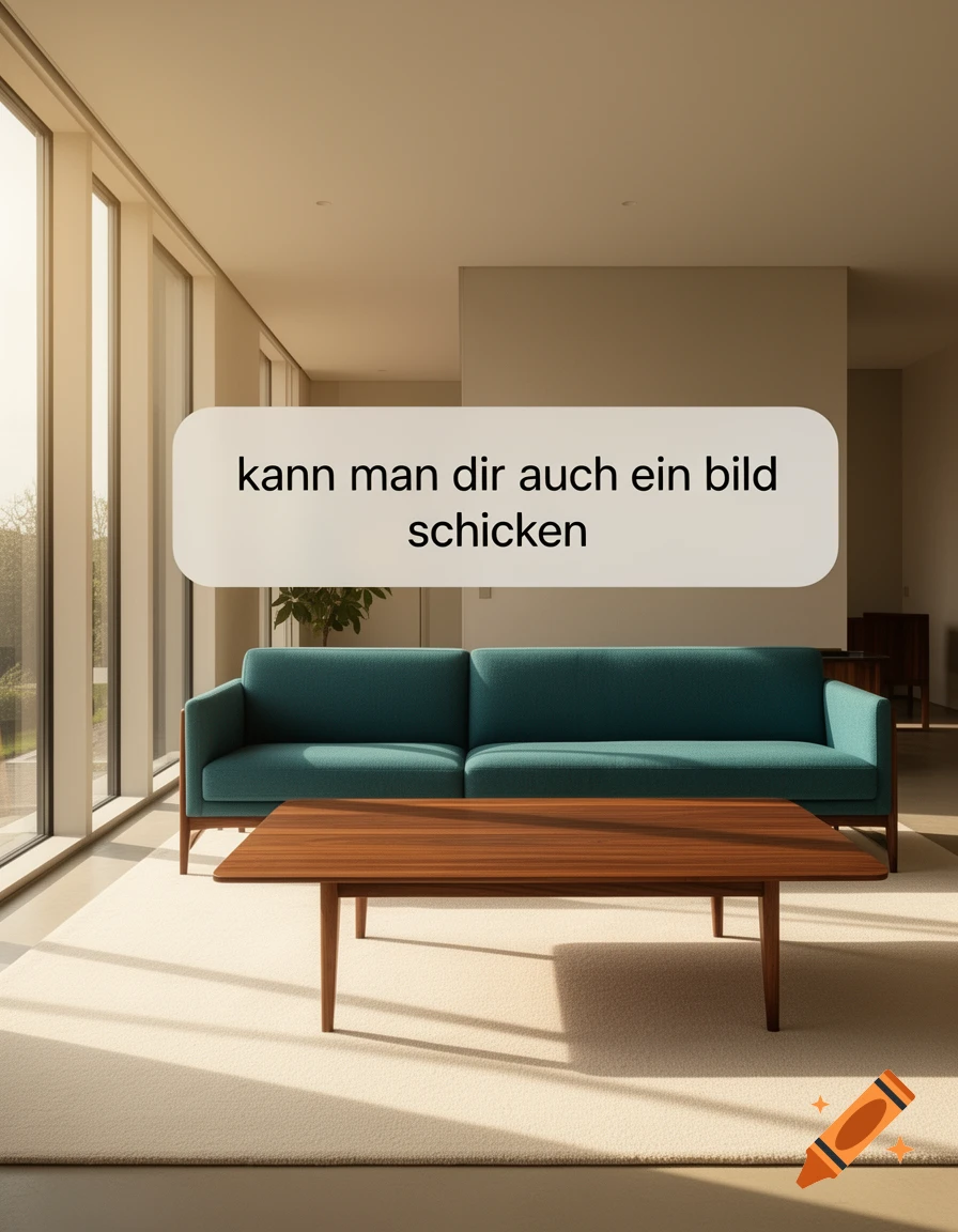 A modern living room with a teal sofa, wooden coffee table, and large windows. A text bubble says 'kann man dir auch ein bild schicken'.