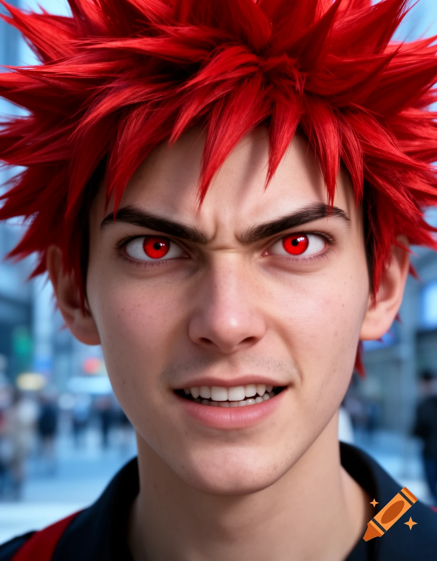 Close-up of a young man with spiky red hair and intense red eyes, grimacing slightly, against a blurred city background.