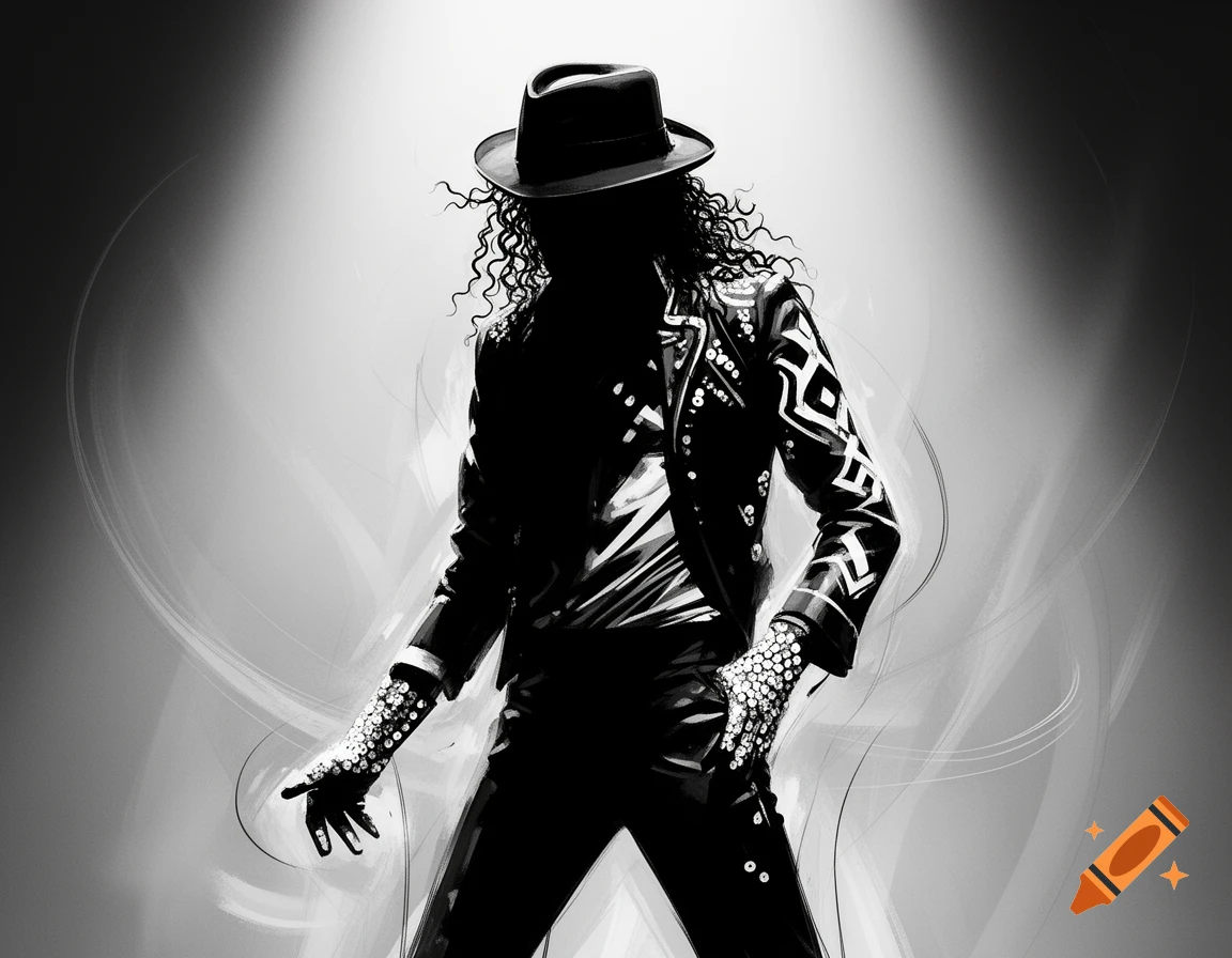 Abstract black and white silhouette of a person resembling Michael Jackson in a fedora, embellished jacket, and glove, illuminated by a spotlight.