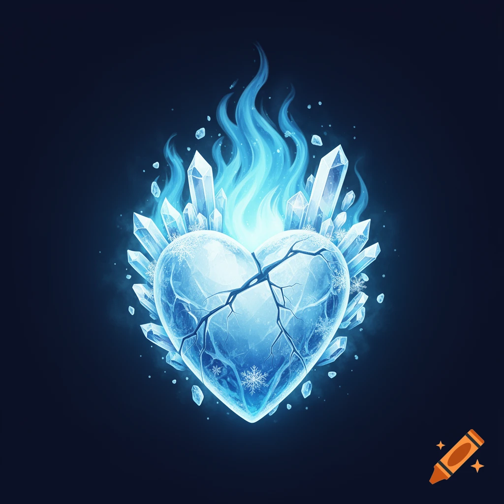 A stylized, cracked ice heart with blue icy flames and sharp ice crystals glowing against a dark background.