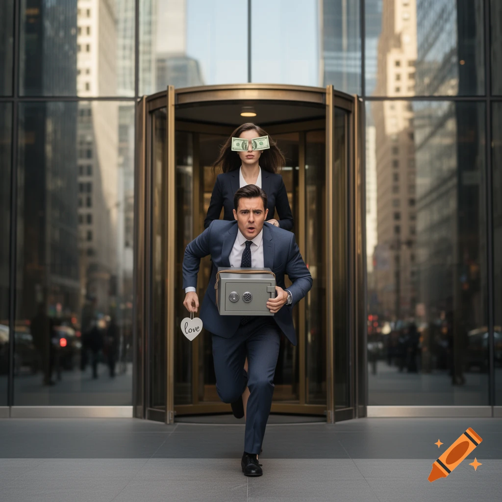 A man in a suit runs out of a building holding a safe and a heart, while a woman with dollar bills on her eyes stands in the doorway.