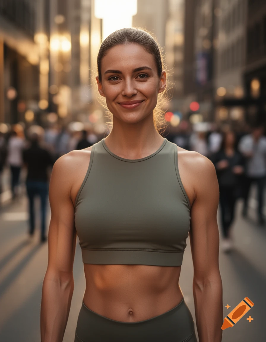 A fit woman in an olive green crop top smiles at the camera on a blurred city street.