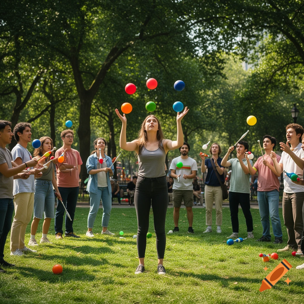A diverse group of people juggling colorful balls and clubs in a grassy park, with trees in the background.