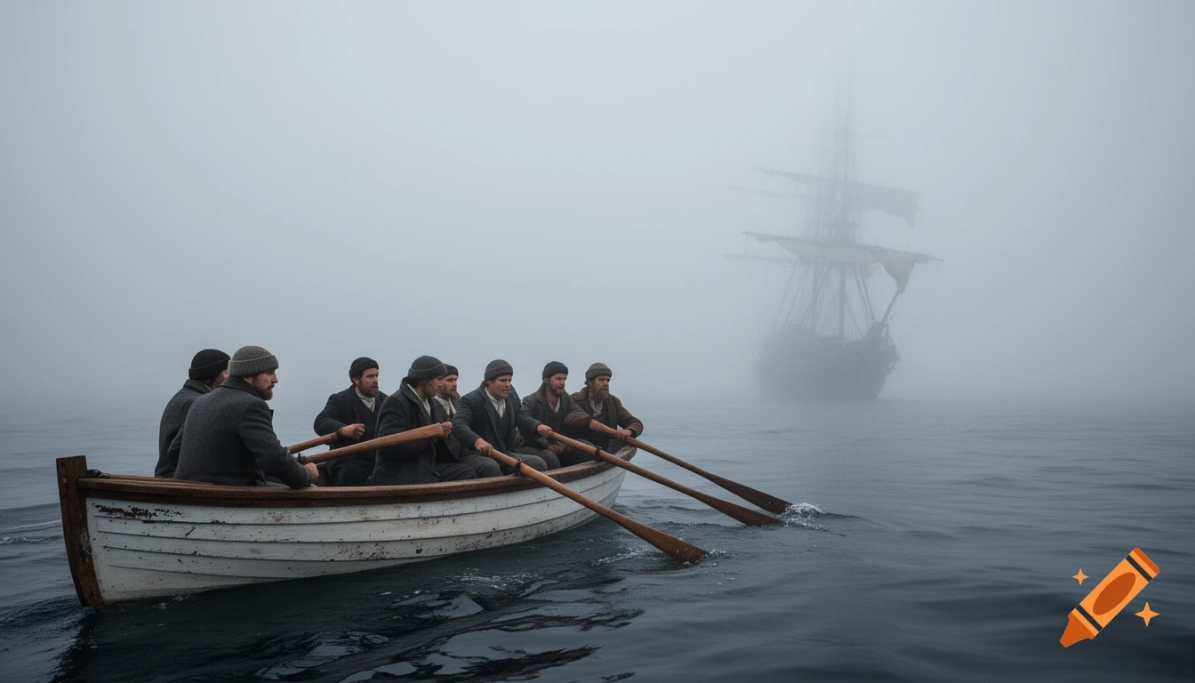 Six sailors row a wooden boat through dense fog toward a looming sailing ship on an eerie, calm sea, photorealistic.