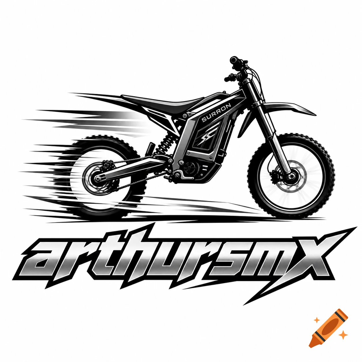 Black and white stylized logo of a Surron dirt bike with speed lines above the text 'arthursmx'.
