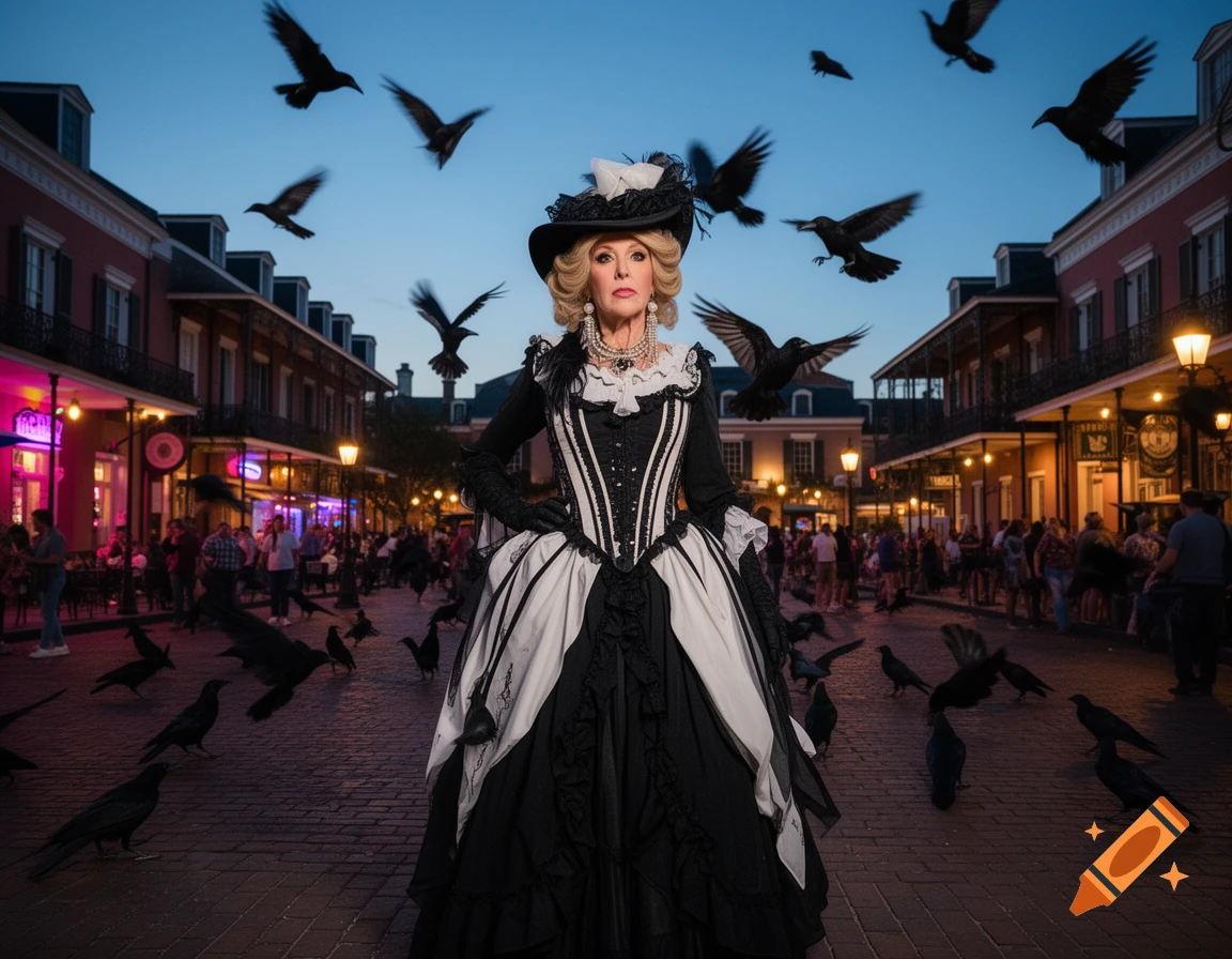 A woman in a dramatic black and white gothic gown and hat stands in a New Orleans street at dusk, surrounded by numerous flying and perching crows.