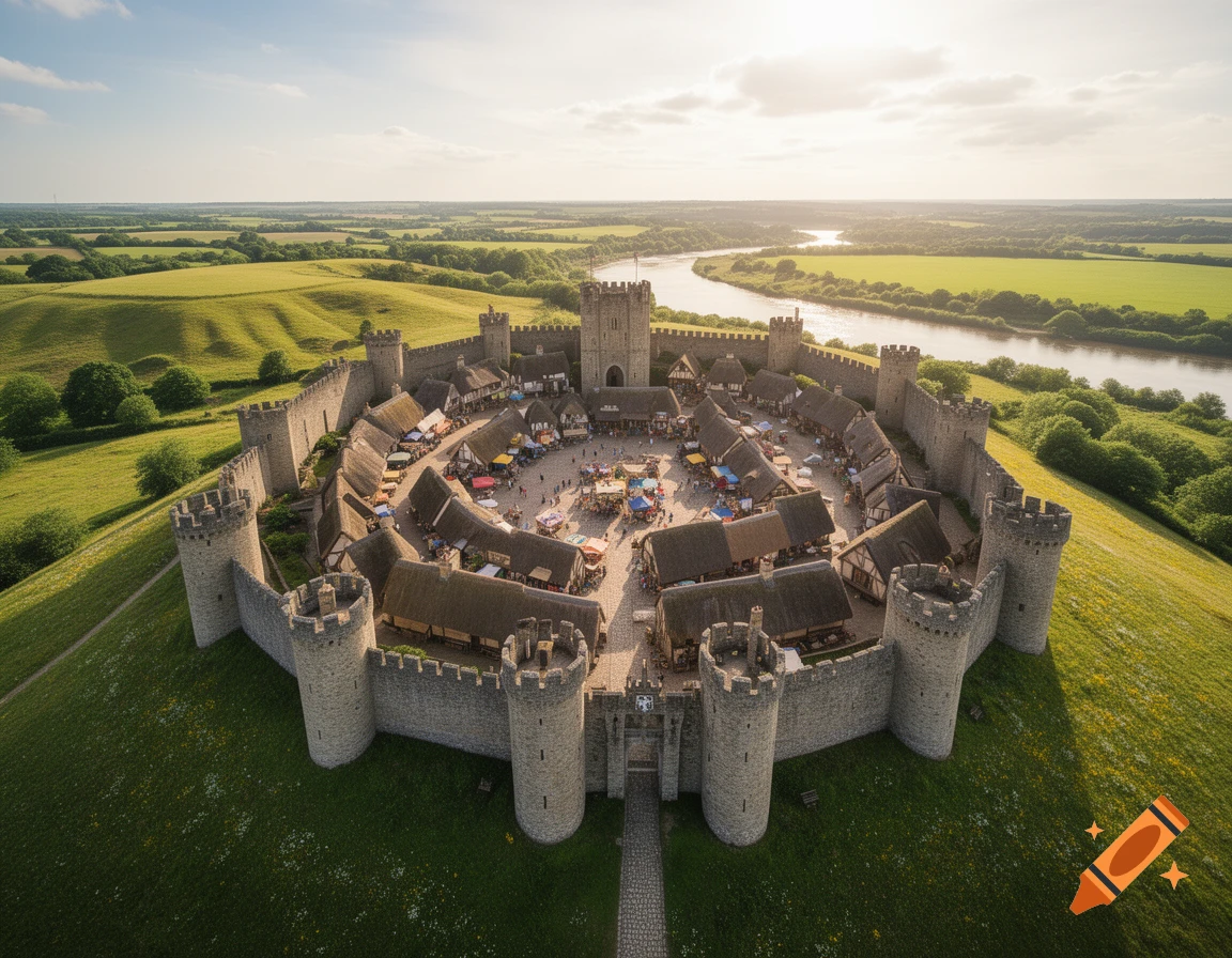An aerial view of a medieval stone fortress with thatched-roof buildings inside, surrounded by rolling green hills and a winding river under a sunny sky.