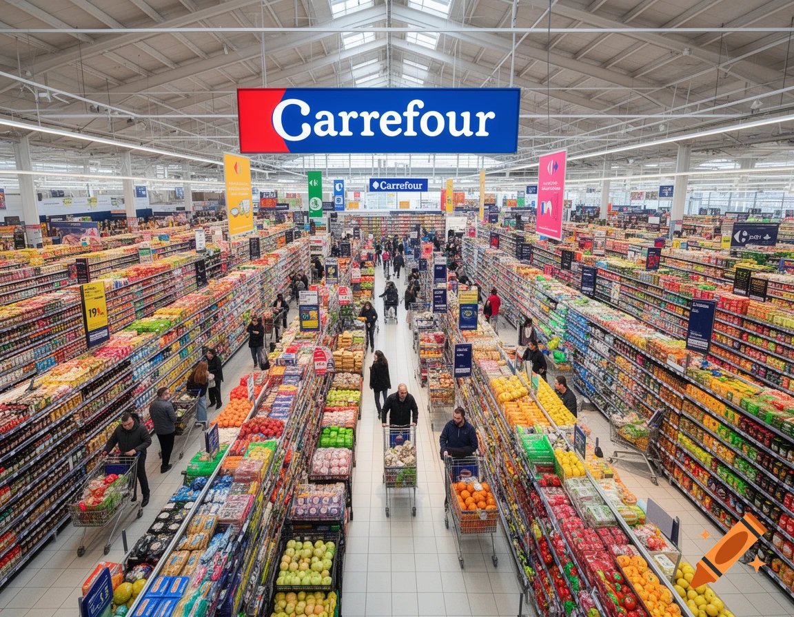 A wide-angle, high-view shot of a bustling Carrefour supermarket interior, with customers shopping along long aisles filled with groceries and produce.