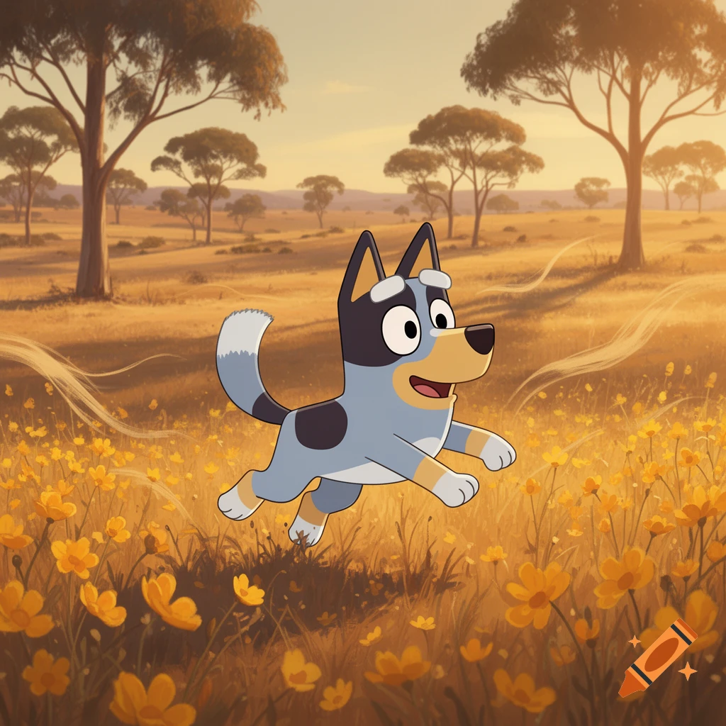 A cartoon Bluey dog with a happy expression jumps through a golden field of yellow flowers and trees at sunset, in an animated style.