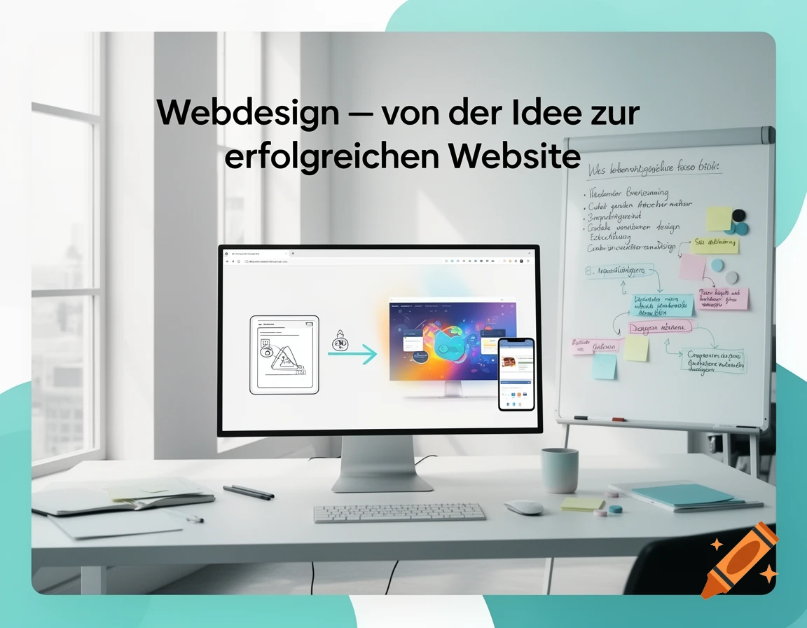 A modern office desk with a computer displaying web design concepts, a whiteboard with notes, and the text "Webdesign Gegenwart: von der Idee zur erfolgreichen Website".