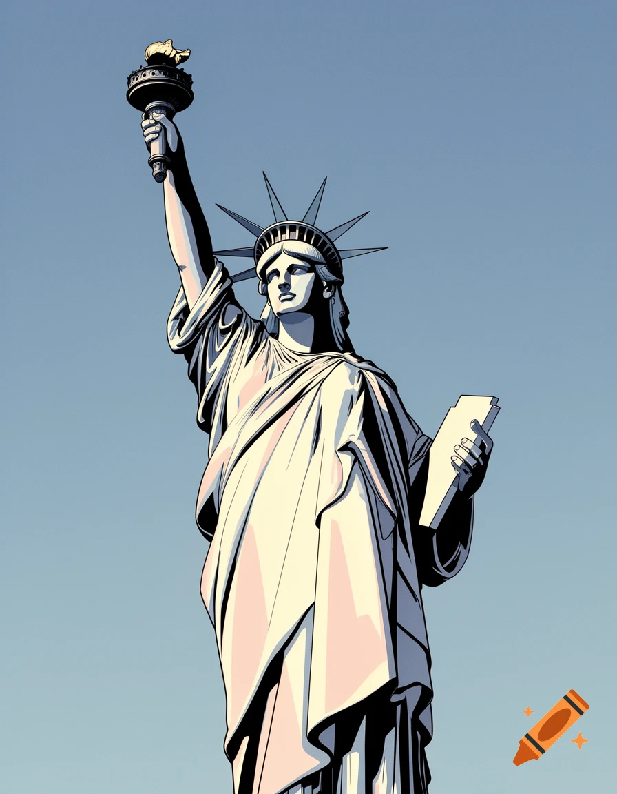 A stylized illustration of the Statue of Liberty, rendered in the distinct art style of Patrick Nagel, against a pale blue sky.