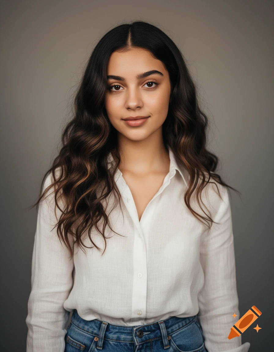 A young woman with long wavy dark hair and light skin, wearing a white button-down shirt and blue jeans, looks directly at the viewer.