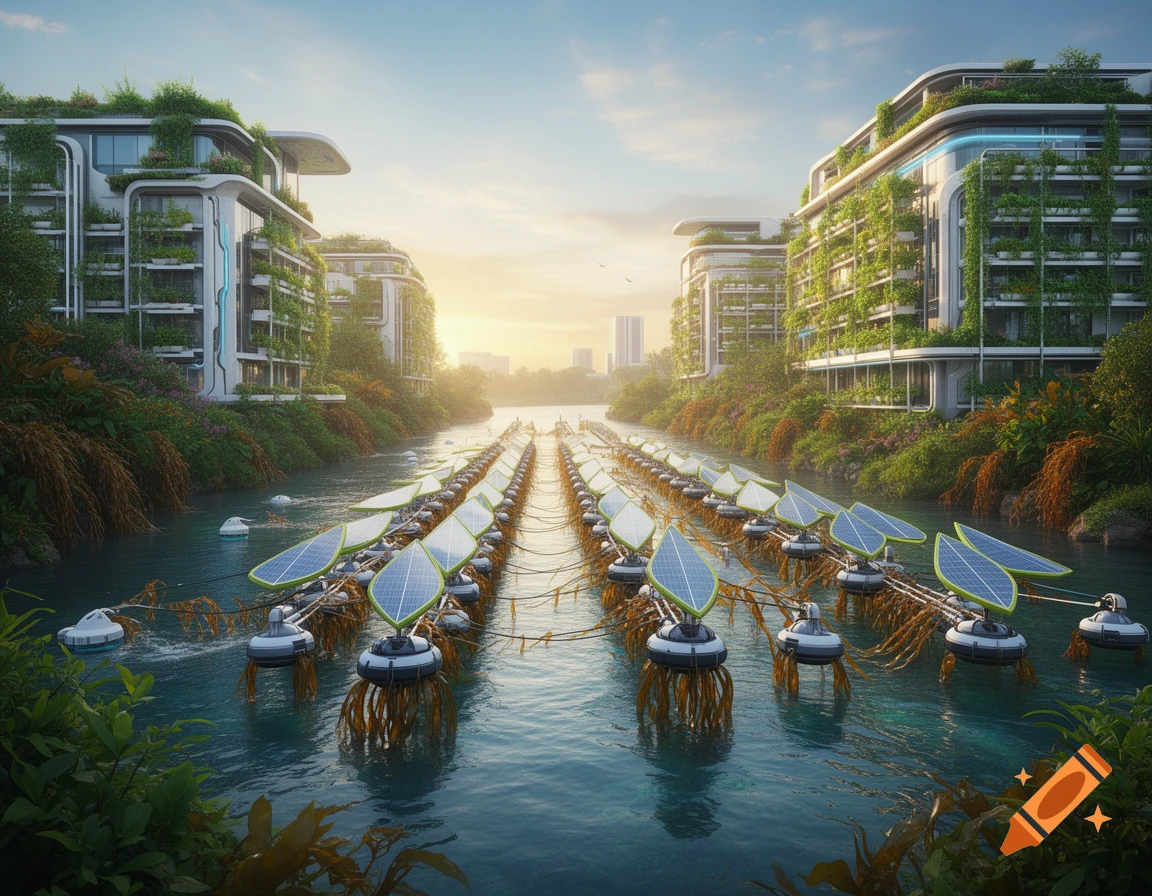 Futuristic solarpunk river with lush green buildings, floating kelp farms, and solar panels at sunrise.
