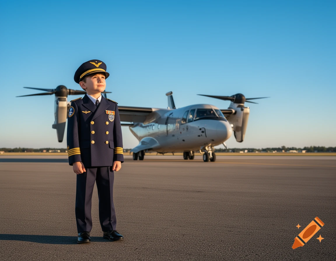 A young boy in a pilot uniform stands on an airfield, looking up, with a gray Osprey aircraft in the background.