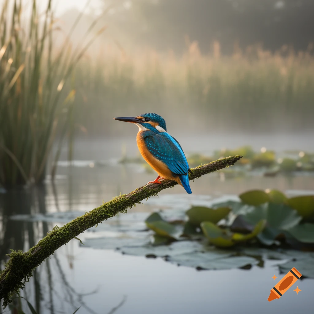 A vibrant blue and orange kingfisher perches on a mossy branch over misty water with lily pads at dawn.