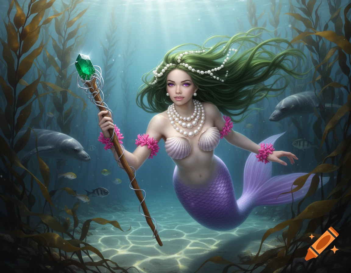 A fantasy mermaid with green hair, purple tail, and shell bra holds an emerald staff, swimming in a sunlit kelp forest with seals and fish.