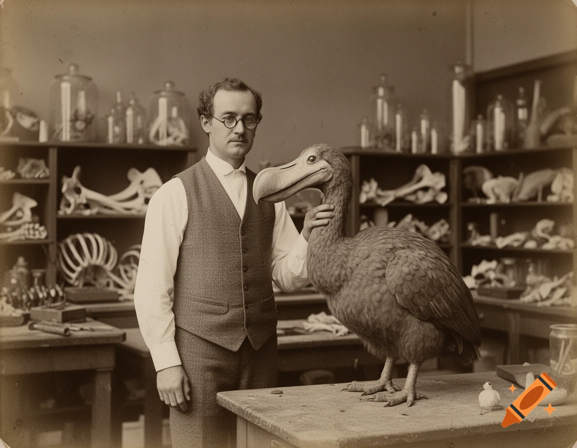Sepia photo of a Victorian naturalist with glasses and a vest, gently touching a taxidermy dodo bird on a workshop table with shelves of bones.