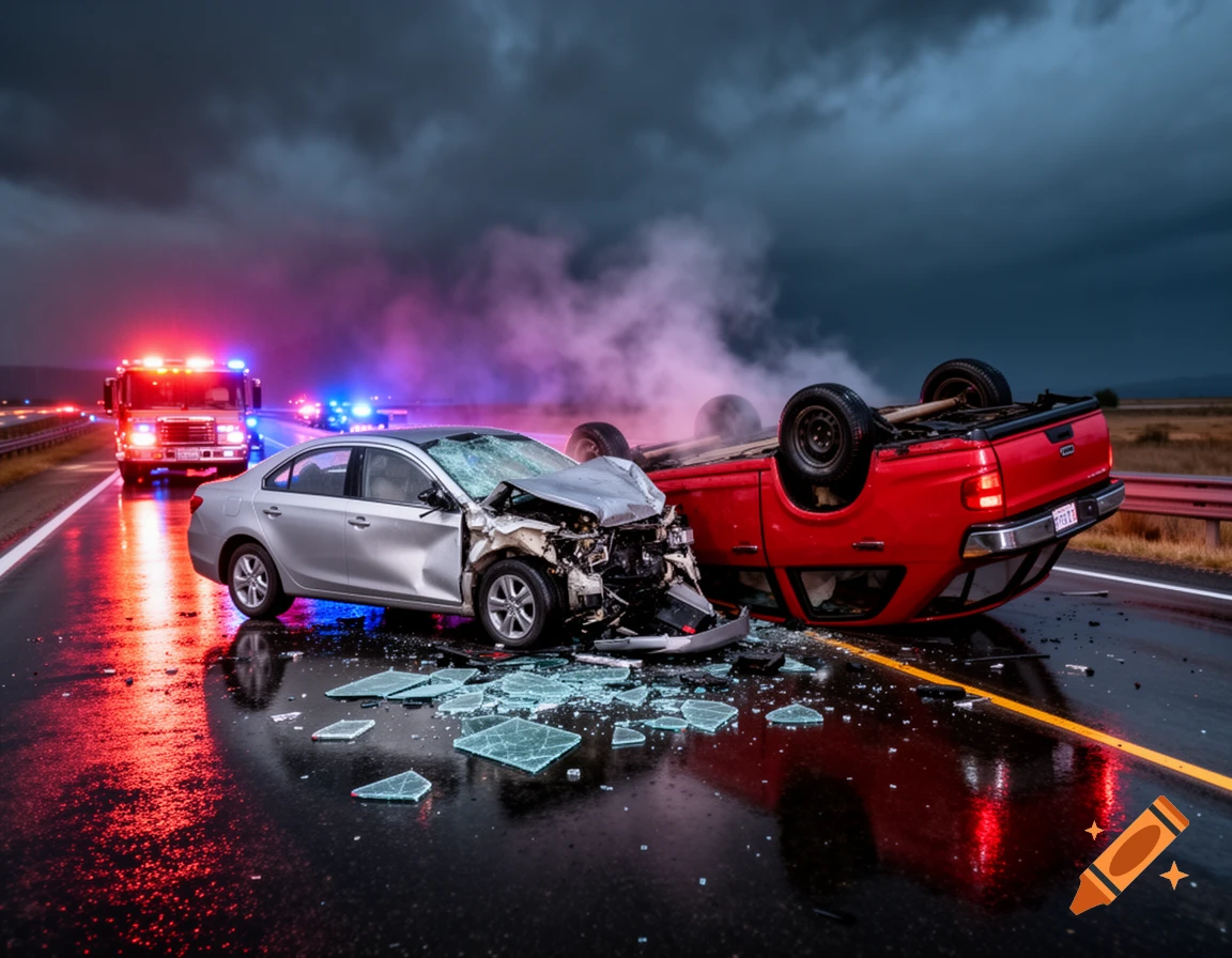 A severe car crash on a wet highway under a stormy sky, with a silver car front-ended and a red pickup overturned, emergency lights flashing in the background.