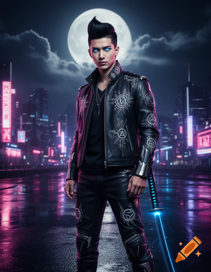 Stylish man with glowing blue eyes, black leather jacket, and glowing katana on a wet cyberpunk street under a full moon.