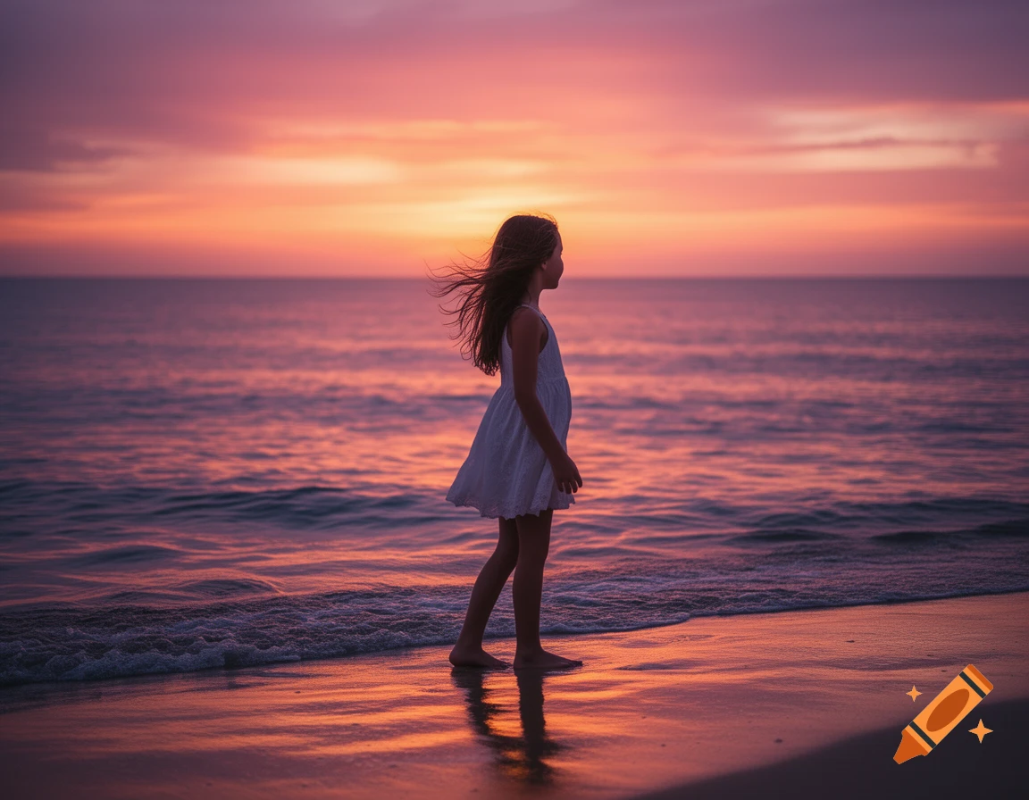 Young girl stands on a beach at sunset, looking out at the ocean, with vibrant orange and purple sky reflecting on the water.