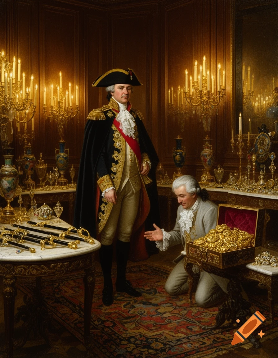 Classical painting of a uniformed man overseeing a kneeling man presenting a chest of gold in an opulent, candlelit treasury.