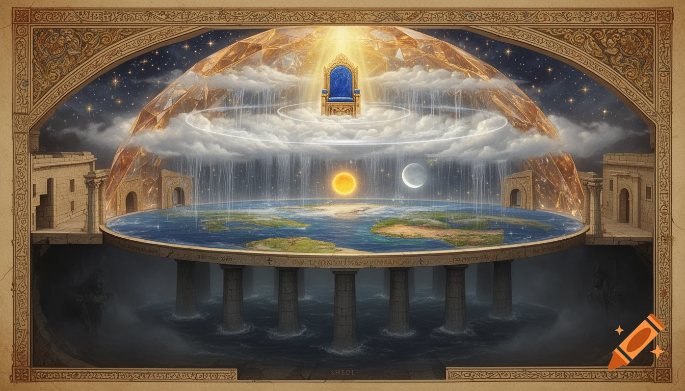 Detailed depiction of Biblical Hebrew cosmology: flat Earth on pillars, crystal dome, sun, moon, clouds, sapphire throne above, Sheol below, within an ornate frame.