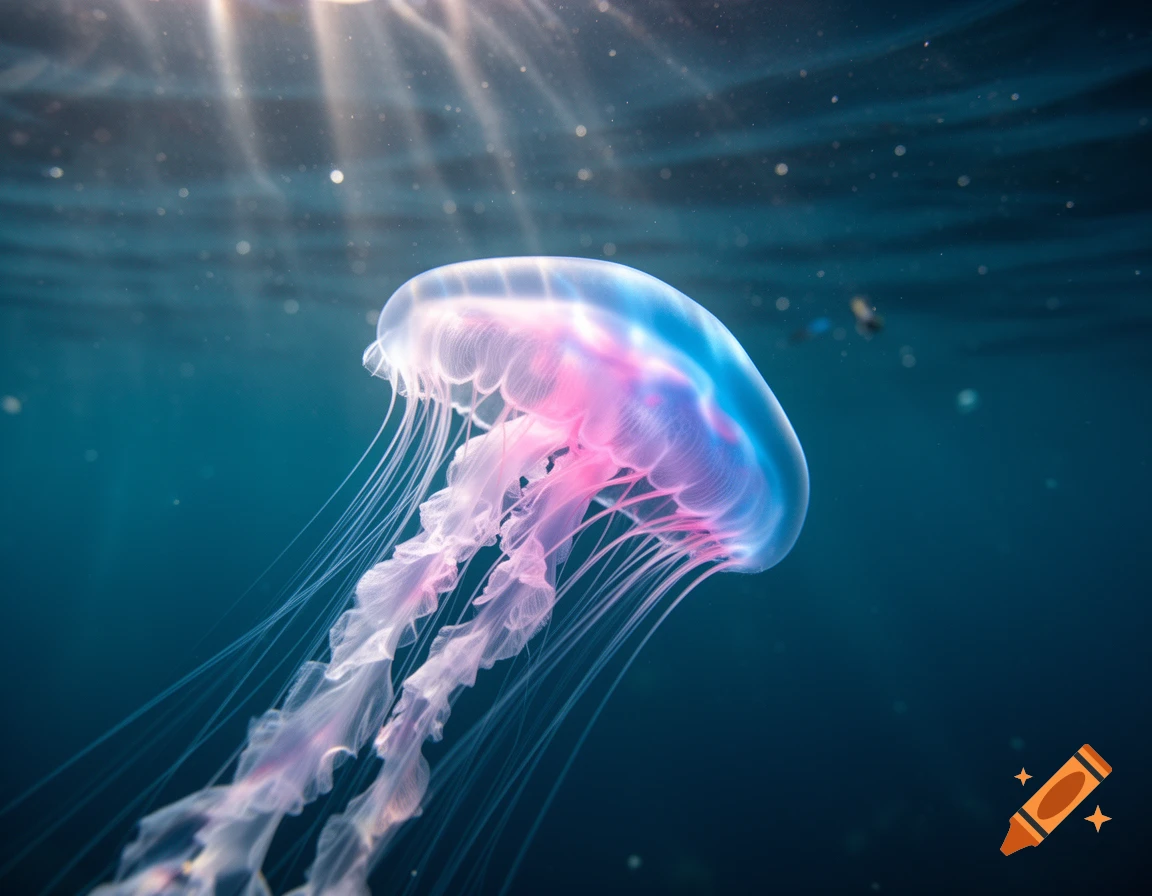 A translucent blue, pink, and purple jellyfish floats gracefully in deep, sunlit ocean water.