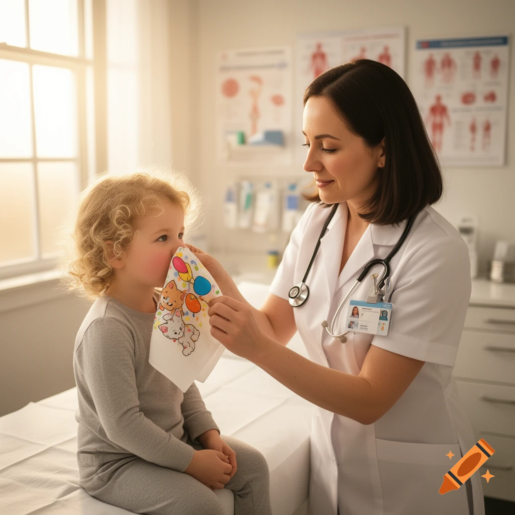 A female nurse gently holds a cartoon handkerchief to a little girl's nose in a brightly lit examination room.