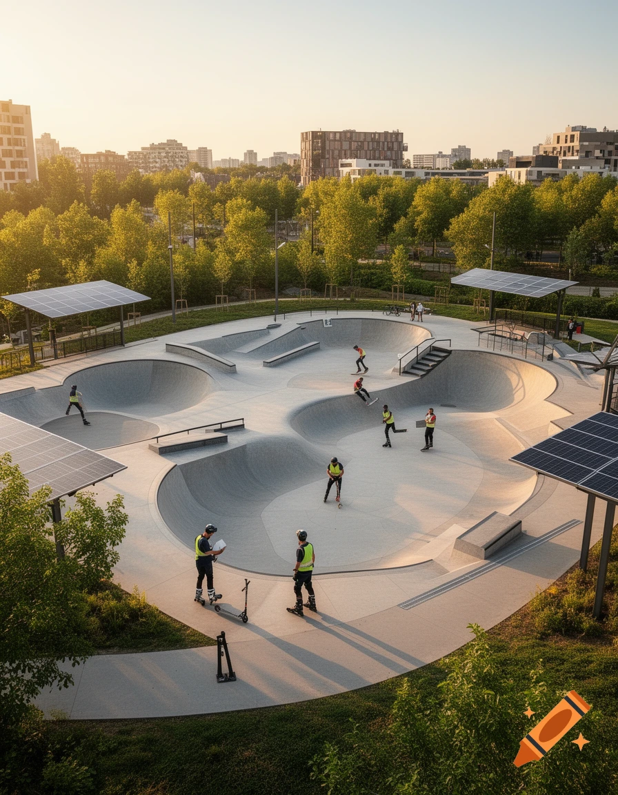 Photorealistic aerial view of a modern skatepark with skaters and rollerbladers at sunset, surrounded by trees and urban architecture.