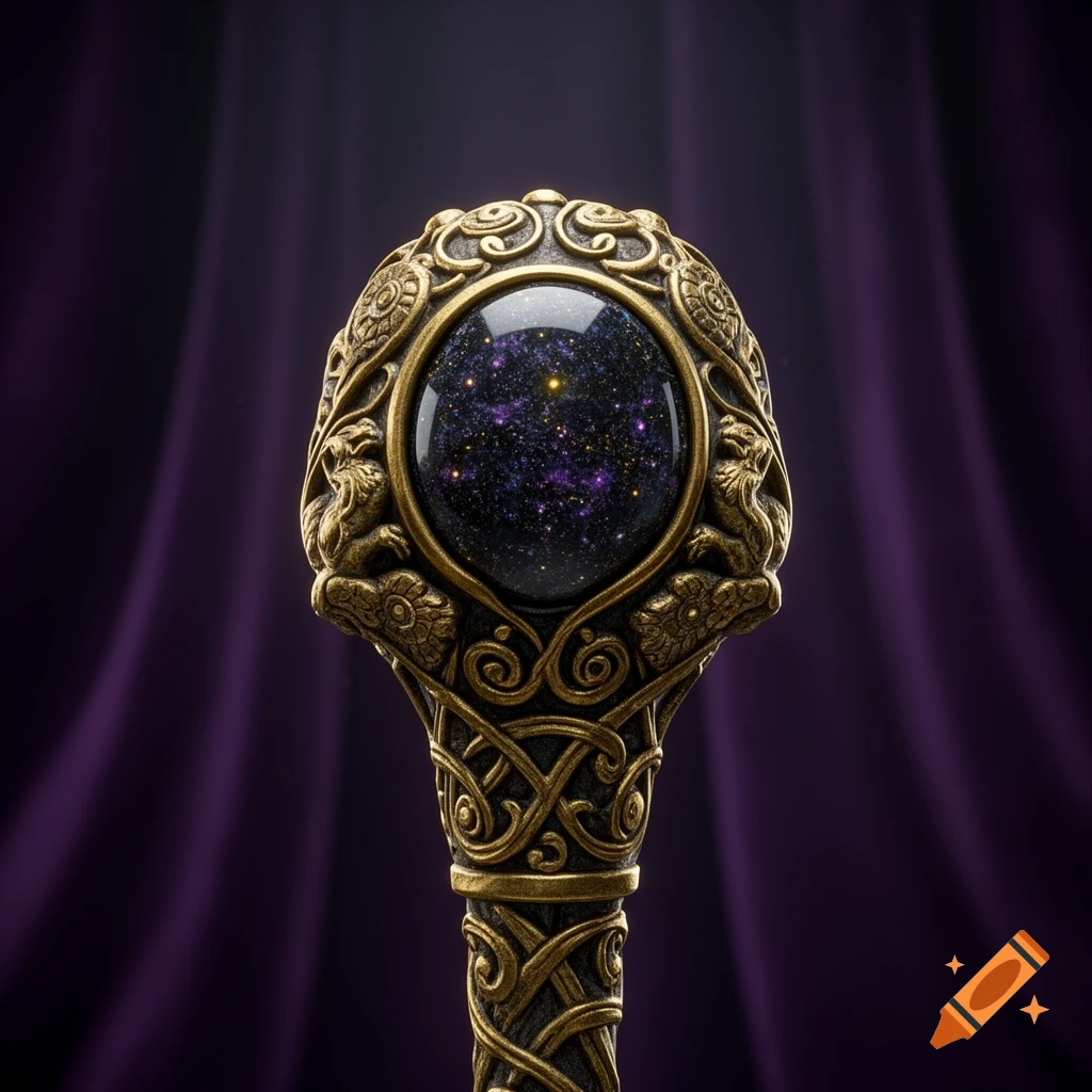 An ornate golden scepter head with intricate carvings and a cosmic-patterned gem, set against a dark purple background.