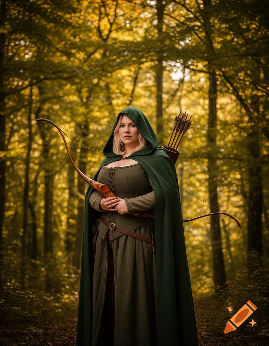A blonde woman in a green hooded cloak and dress, holding a bow and quiver of arrows, stands in a forest with golden trees. Photorealistic style.