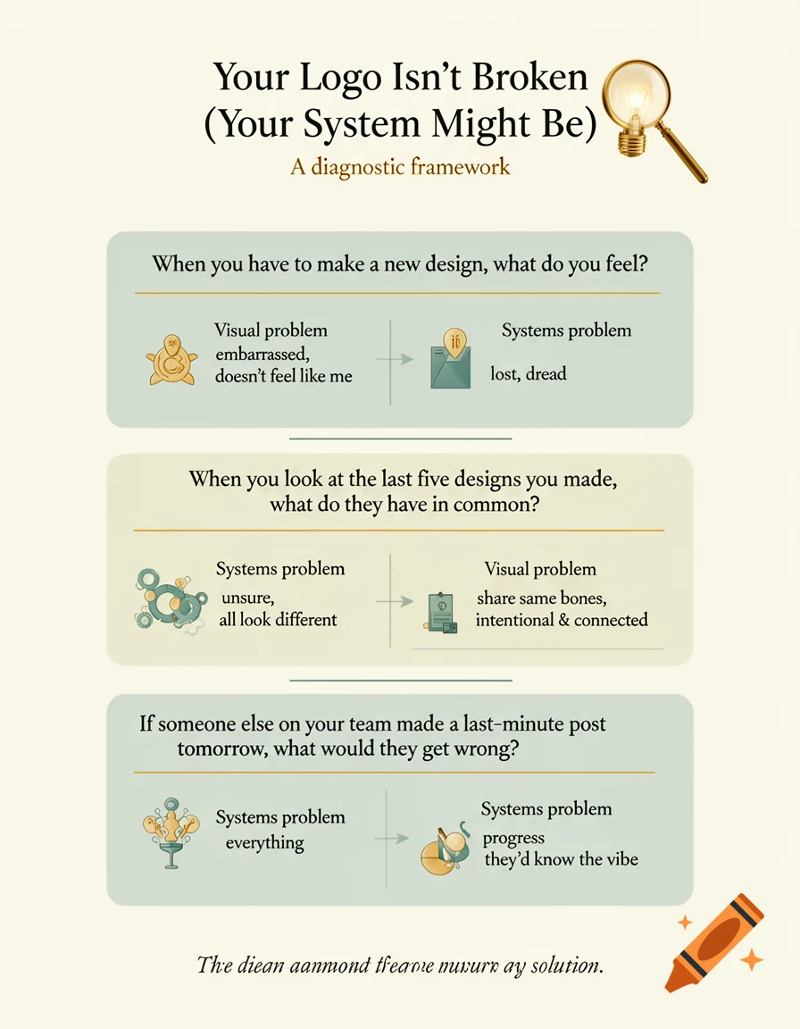 An infographic titled 'Your Logo Isn't Broken (Your System Might Be)' with three diagnostic questions about design systems, featuring icons and text on a cream background with green and golden accents.