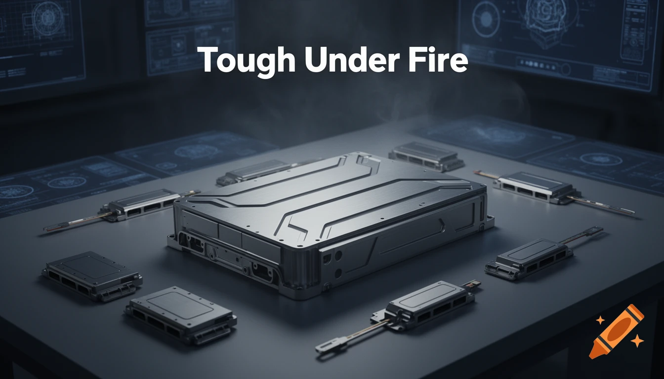 A large silver battery housing and other electronic components on a dark table, with "Tough Under Fire" text and holographic blueprints.