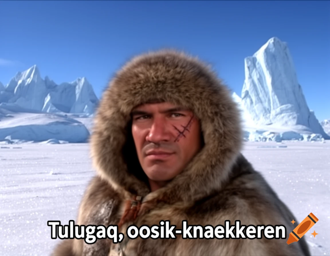 A man in a fur-lined hood with a scar on his cheek stands in a snowy arctic landscape under a clear blue sky. A caption below reads "Tulugaq, oosik-knækkeren"