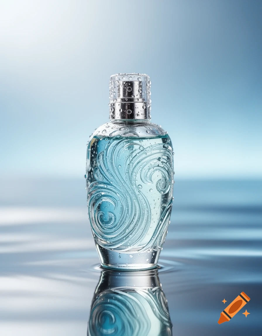 Photorealistic image of a clear glass perfume bottle with blue liquid, water droplets, and swirled design, reflecting in water.