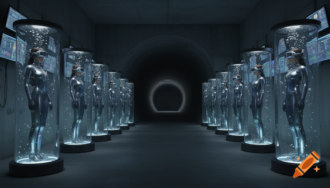 A dark, futuristic underground bunker with rows of women in shiny catsuits and VR goggles floating in bubbling tubes, with monitors displaying data.