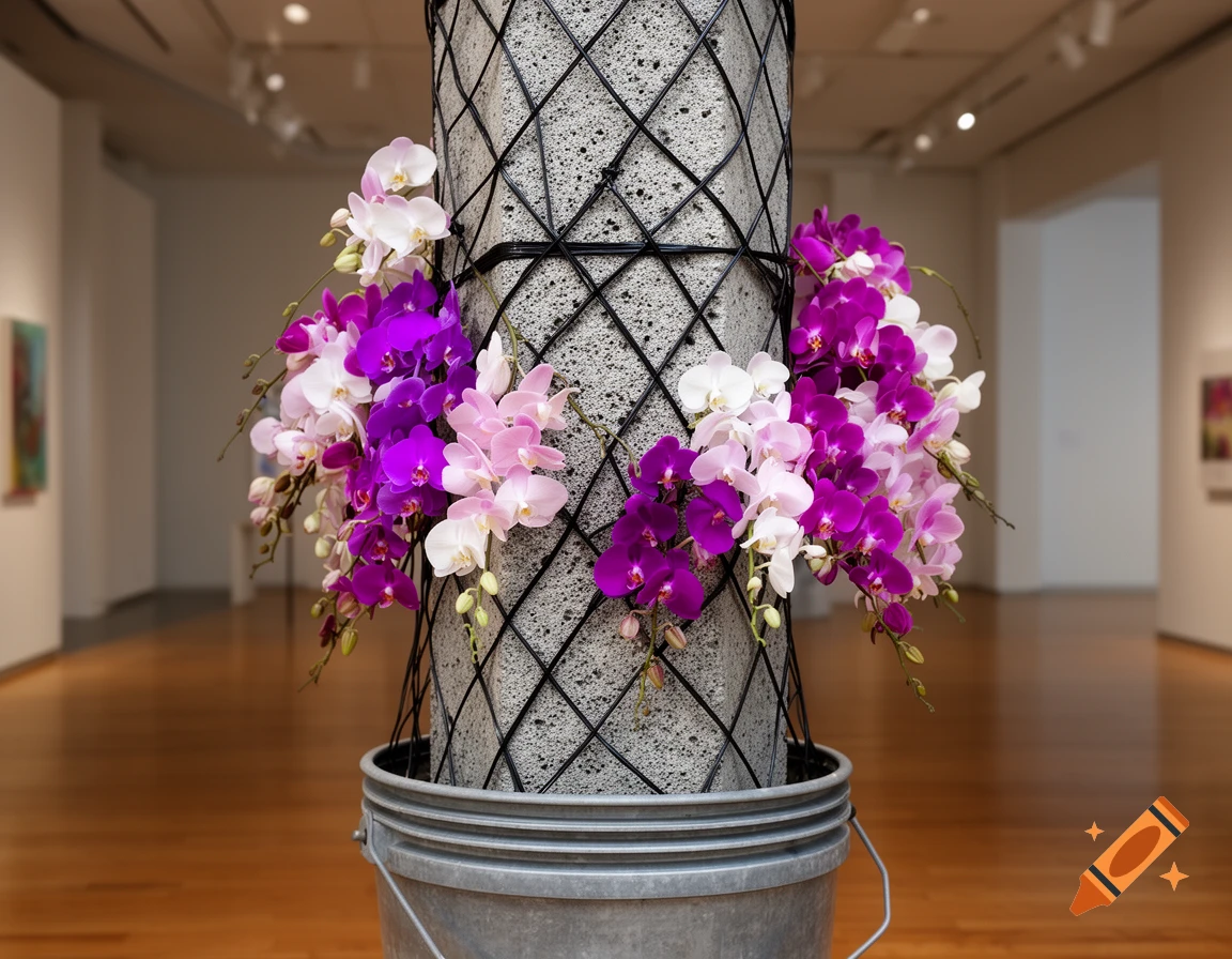Vibrant purple, pink, and white orchids adorn a textured pillar wrapped in a black net, standing in a metal bucket in an art gallery.