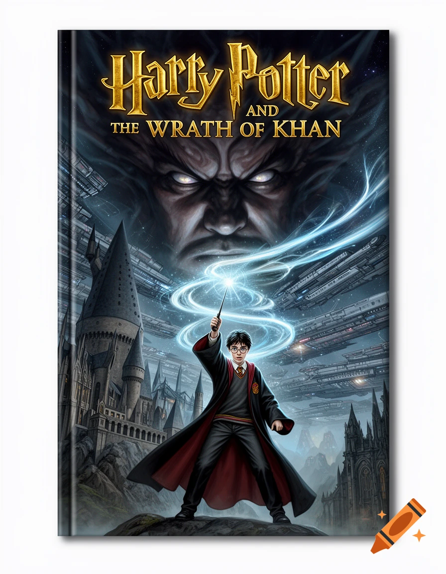 Illustrated book cover showing Harry Potter casting a spell in front of Hogwarts, with a menacing face and spaceships above.