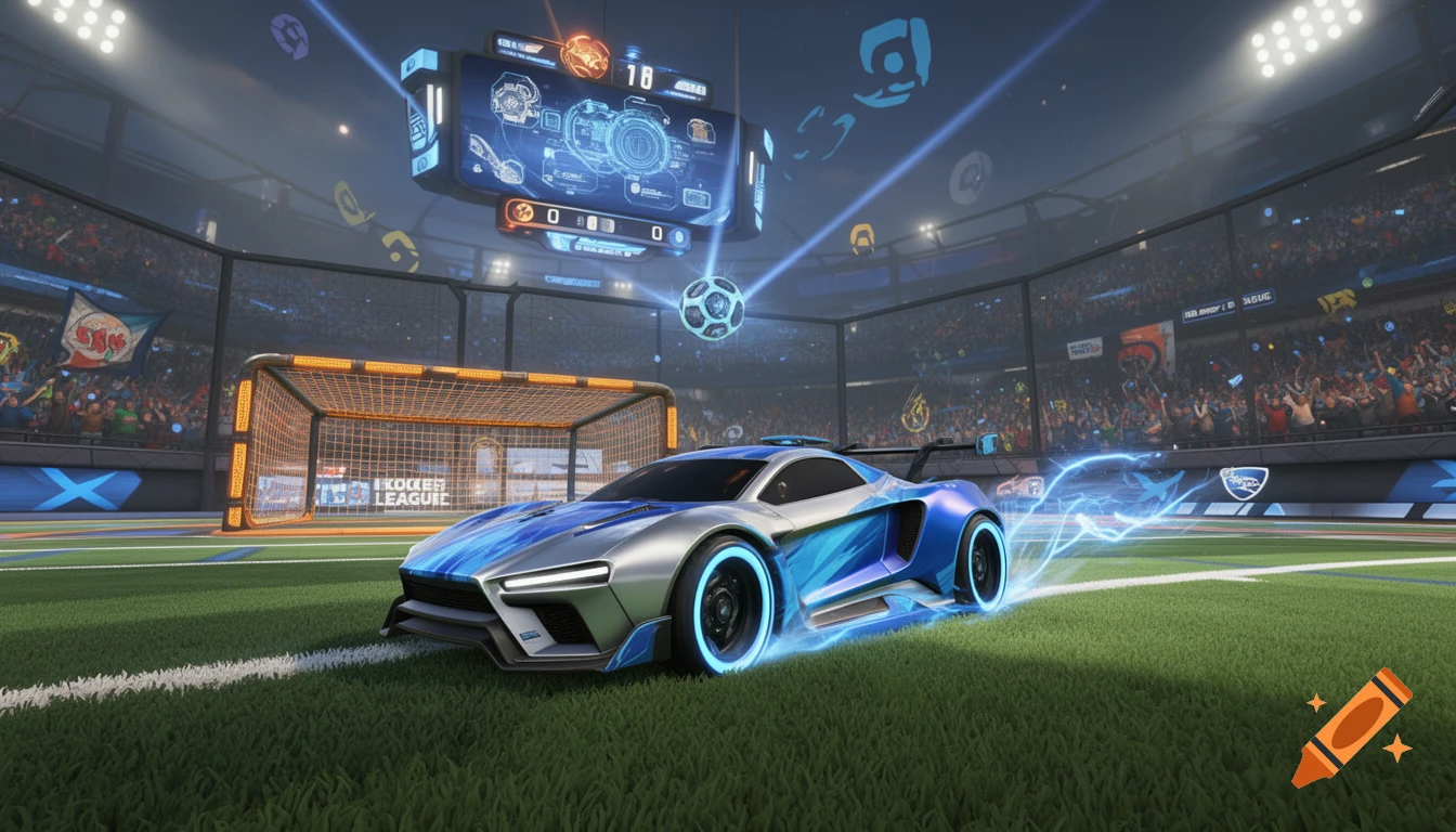 A futuristic blue and silver sports car with glowing blue accents sits on a grassy field in a crowded stadium, resembling a scene from Rocket League, with a hovering soccer ball and scoreboard.