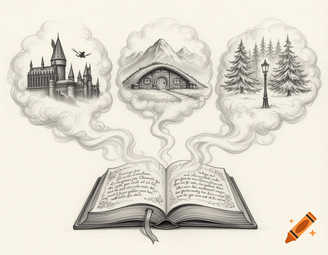 Detailed pencil drawing of an open fantasy book with magical scenes rising from it: Hogwarts, a hobbit hill, and a snowy forest.