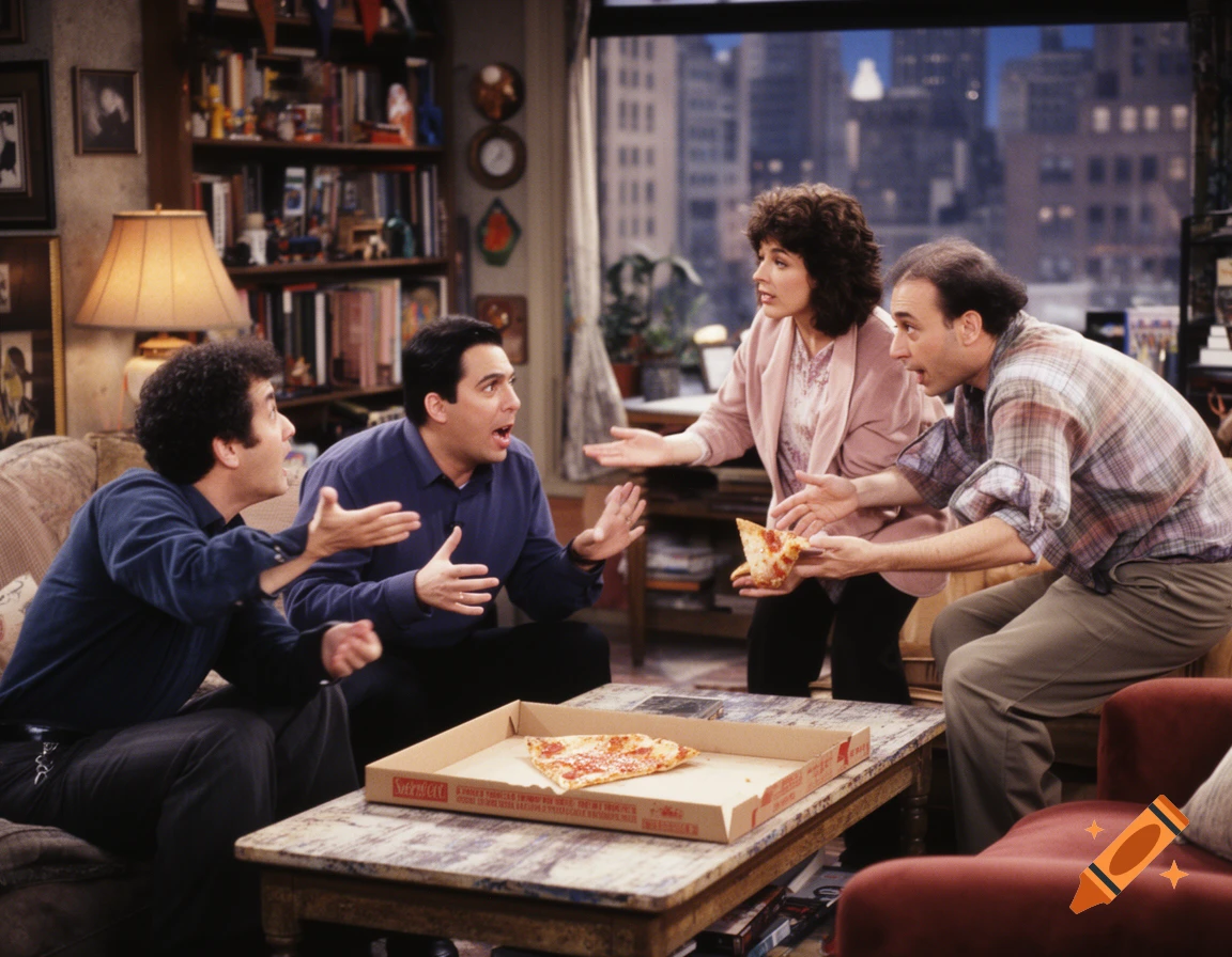 Four adults in a living room, two men on a couch and a man and woman leaning over a coffee table, all looking at each other and gesturing around an open pizza box with a single slice remaining.