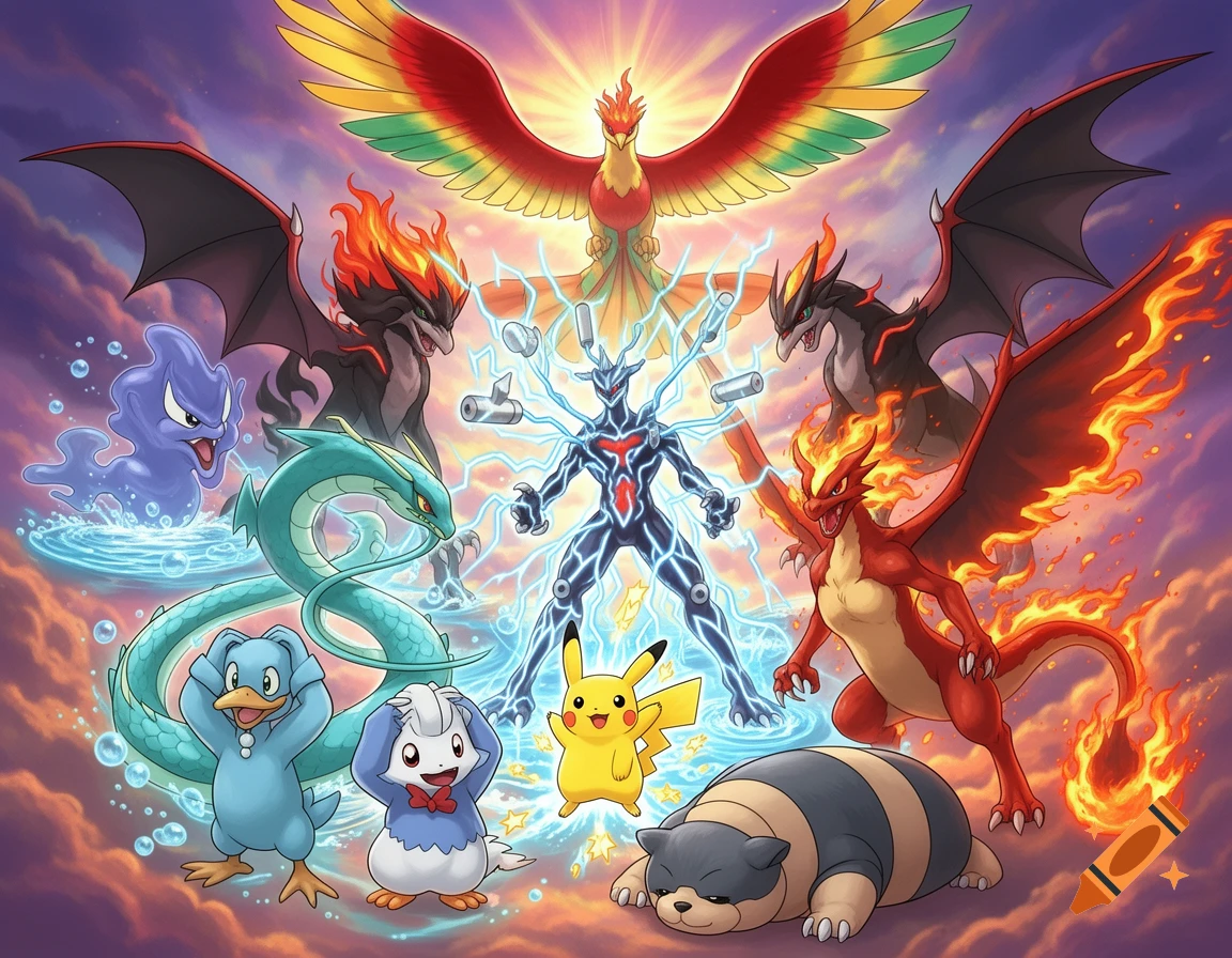 An illustration featuring numerous Pokémon including Ho-Oh, Charizard, Pikachu, Psyduck, and other elemental creatures, set against a vibrant, dynamic sky.