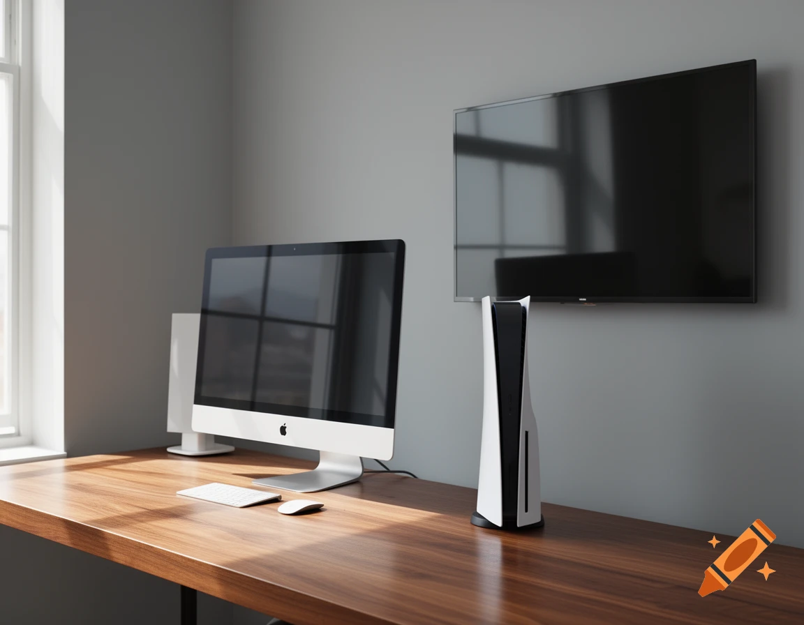 A modern desk setup with an iMac, a white PlayStation 5 console, and a wall-mounted TV by a window.