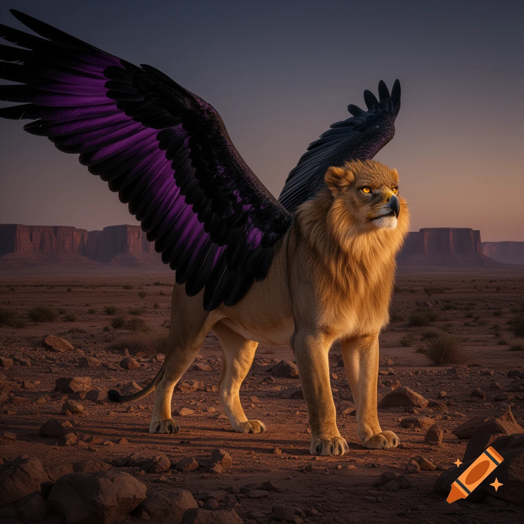 A majestic hieracosphinx with a lion's body, eagle's head, and large black and purple wings stands in a desert.