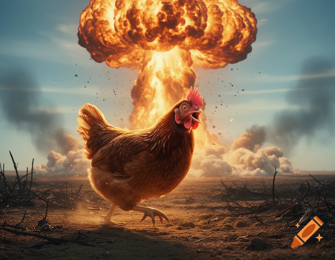 A surprised brown chicken runs in a dusty, barren landscape with a massive, fiery mushroom cloud explosion behind it.